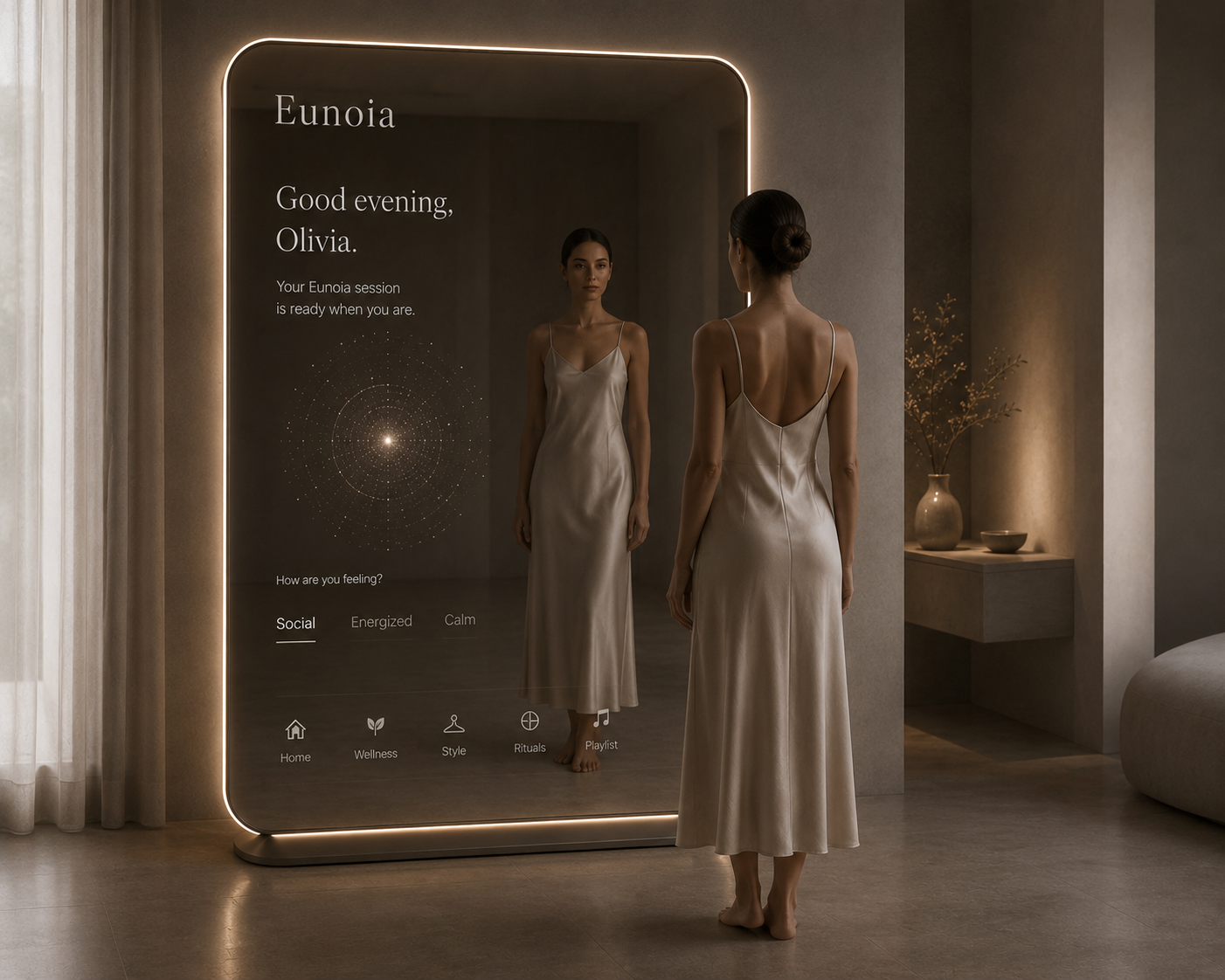 Eunoia smart mirror interface showing a personalized evening greeting, a mood selector, and a wellness navigation bar, reflected in a softly lit interior