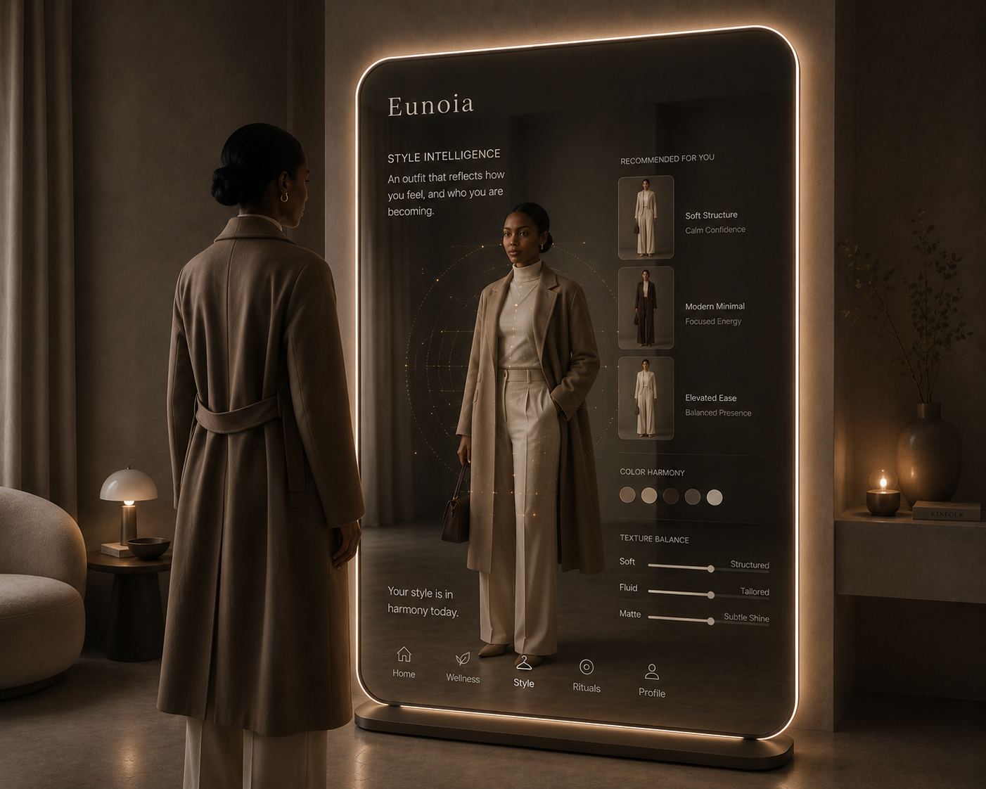 Eunoia Style Intelligence screen offering three recommended looks, each tied to a feeling, with color harmony swatches and texture balance controls