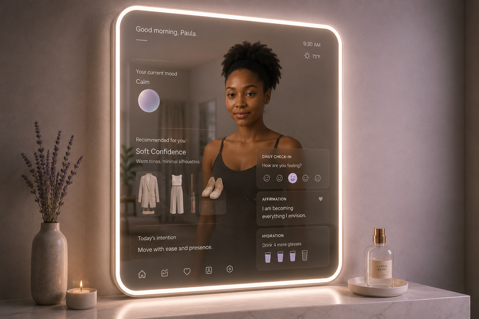 Emotionally responsive mirror concept showing mood check-in, outfit recommendations, and daily affirmations