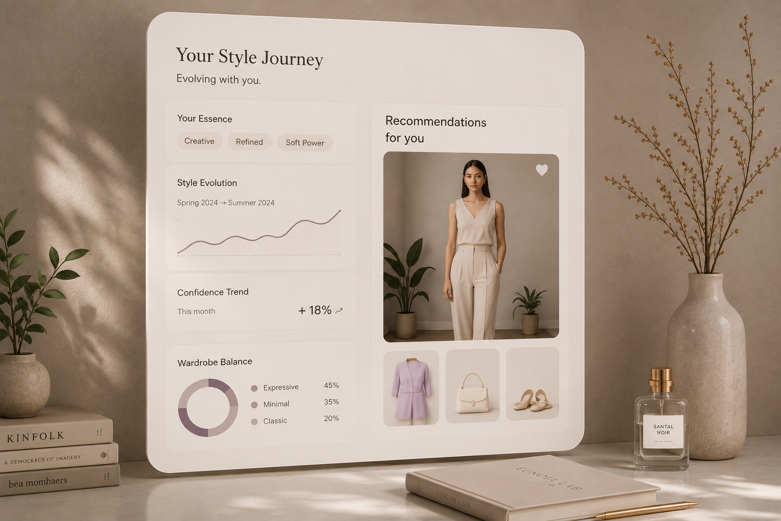 Identity-aware styling system showing style journey dashboard with essence tags, wardrobe balance, and personalized recommendations