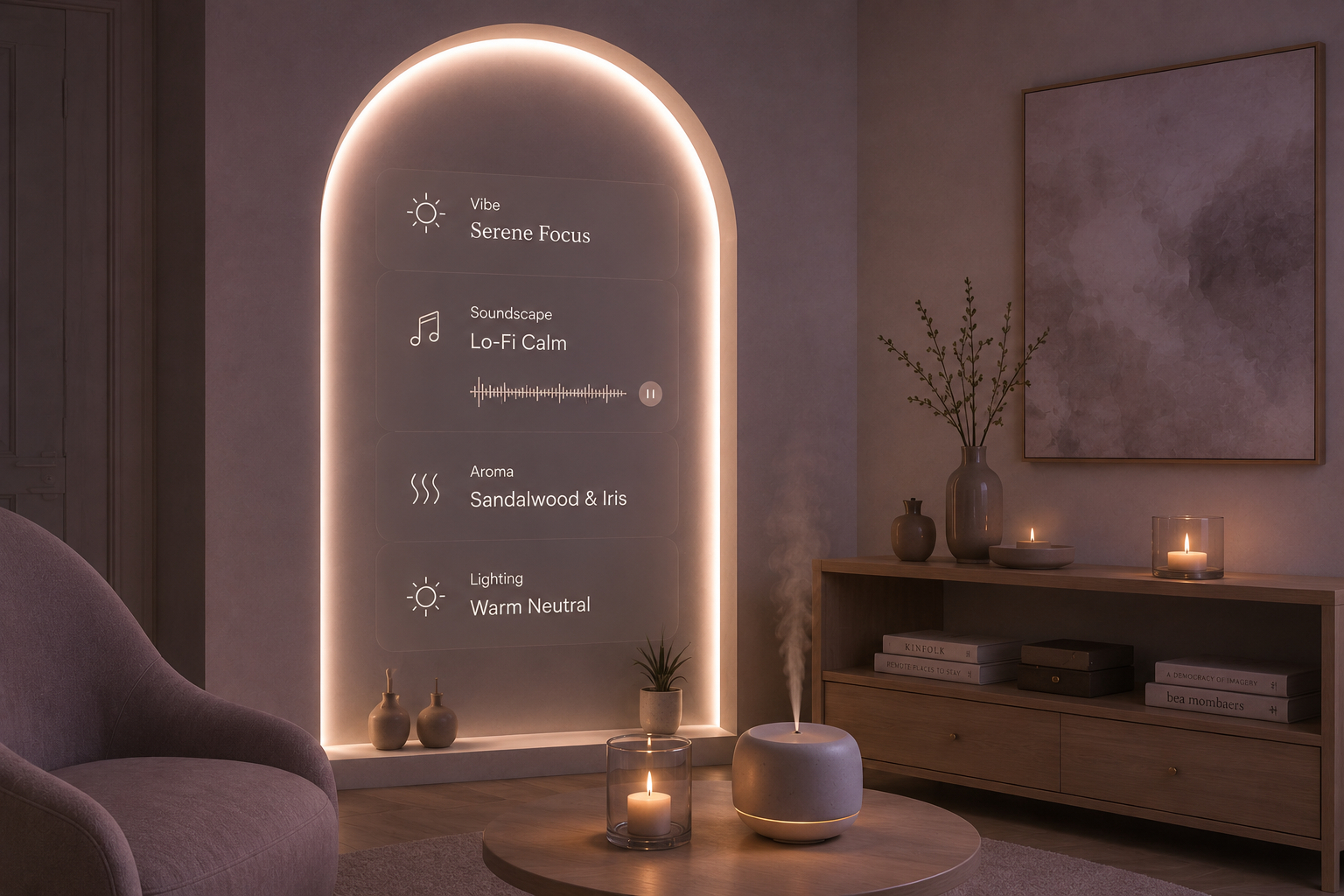 Ambient aesthetic intelligence concept — arched mirror interface showing vibe, soundscape, aroma, and lighting settings