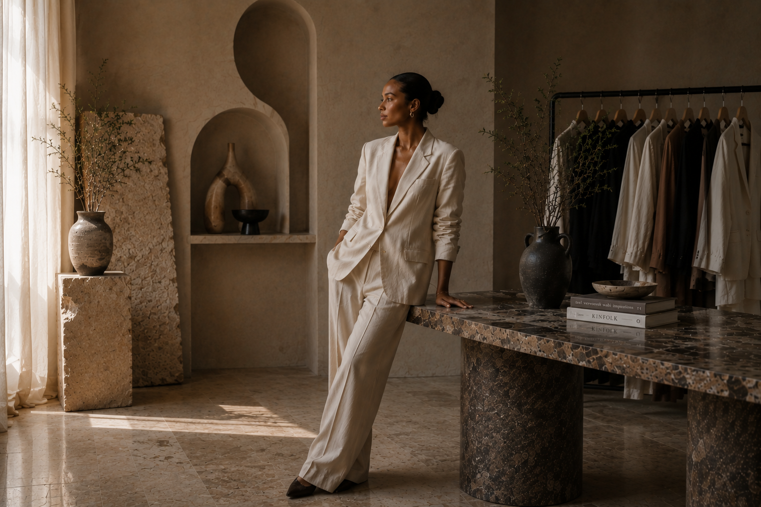 Woman reviewing her wardrobe in a sunlit room